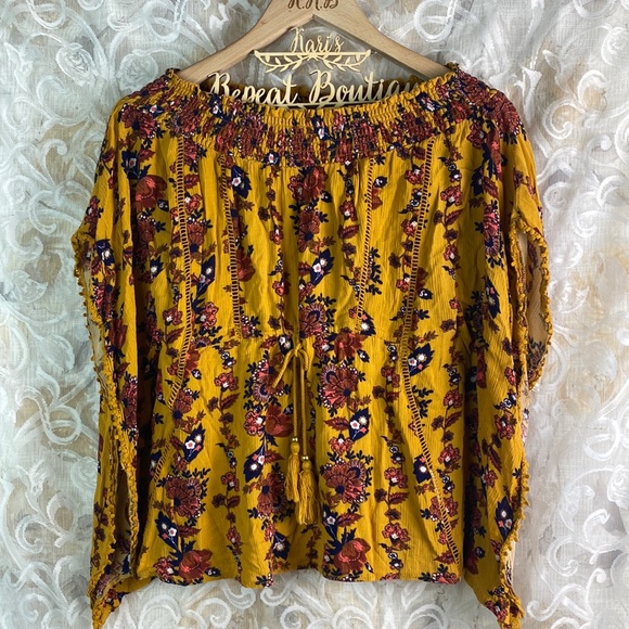 Coco + Jaimeson Boho Chic Off The Shoulder Mustard yellow retro floral Fall M - Picture 3 of 15